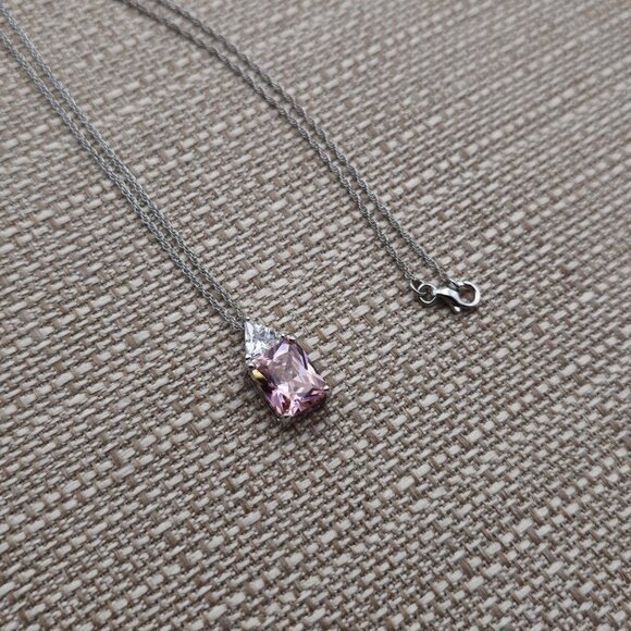 18 Inch Sterling Silver Pink And Clear Cubic Zirconia Gems Necklace A2838 - Picture 3 of 8